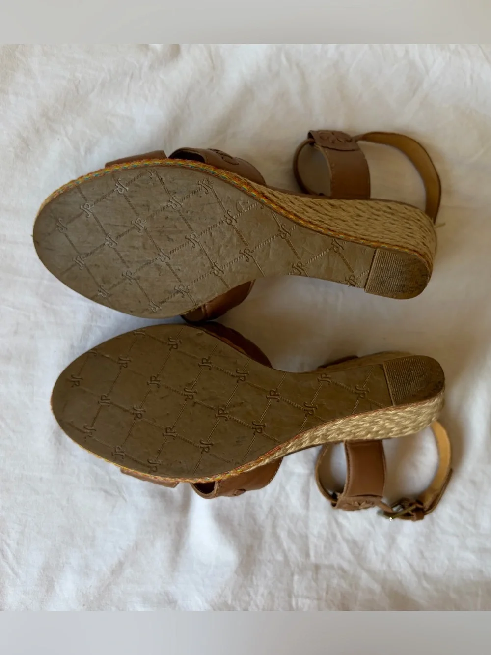 Jack Rogers Tan Leather Espadrille Wedge Heel 4” Sandals w Multicolor Trim 7.5